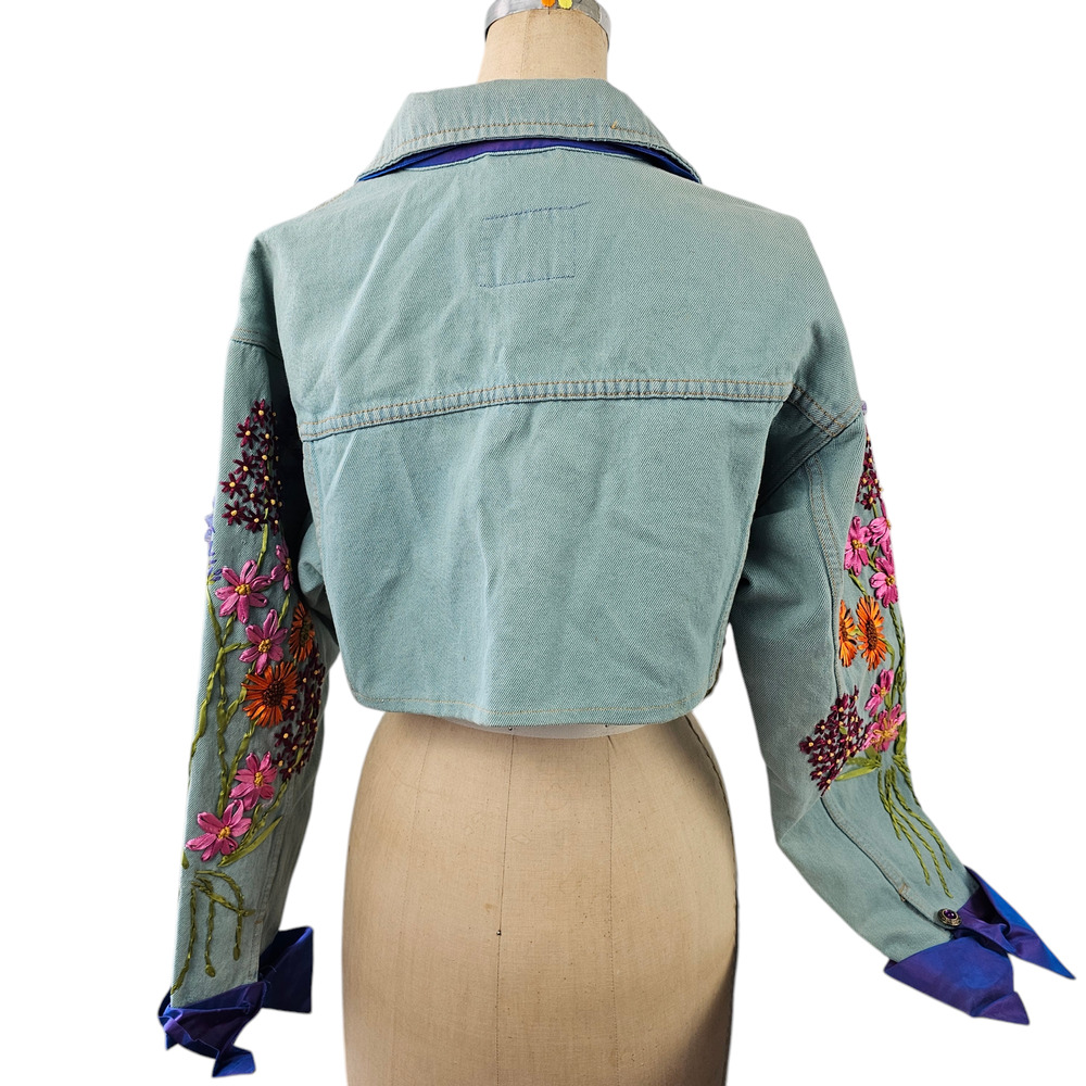 Jacket Upcycled blue green denim ribbon embroidered floral cropped Small - Picture 5 of 13